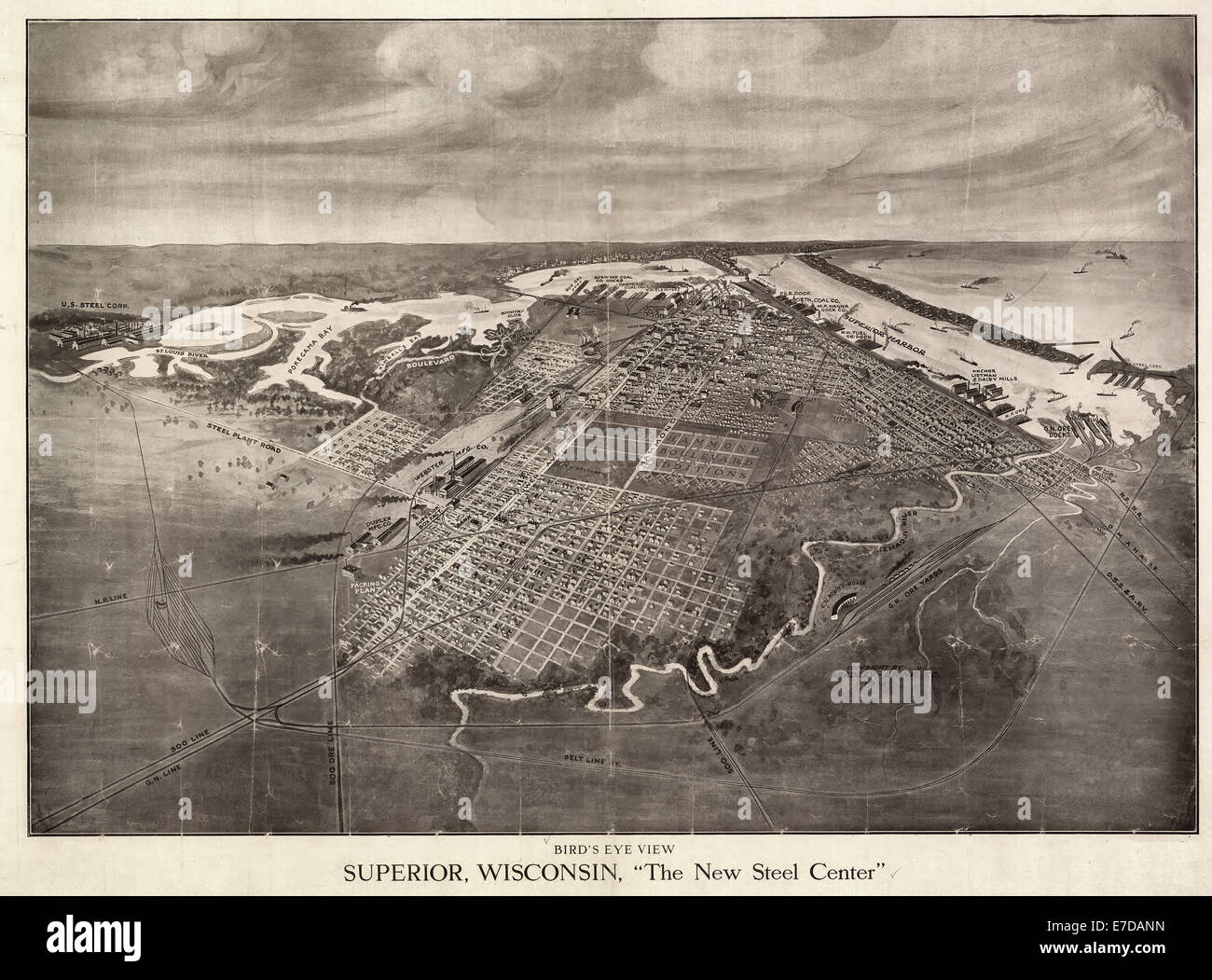 Bird's eye view Superior, au Wisconsin, le 'Nouveau Centre' 1913. Banque D'Images