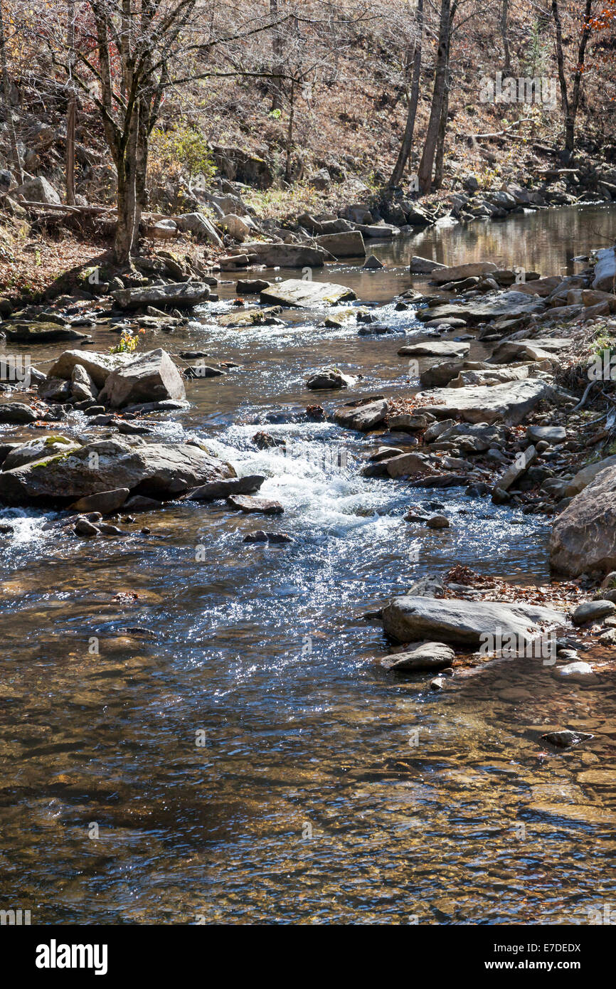 Rustic log et pont couvert en bois mène au développement privé le long de West Fork Tuckasegee River juste au sud du lac Tuckasegee Banque D'Images