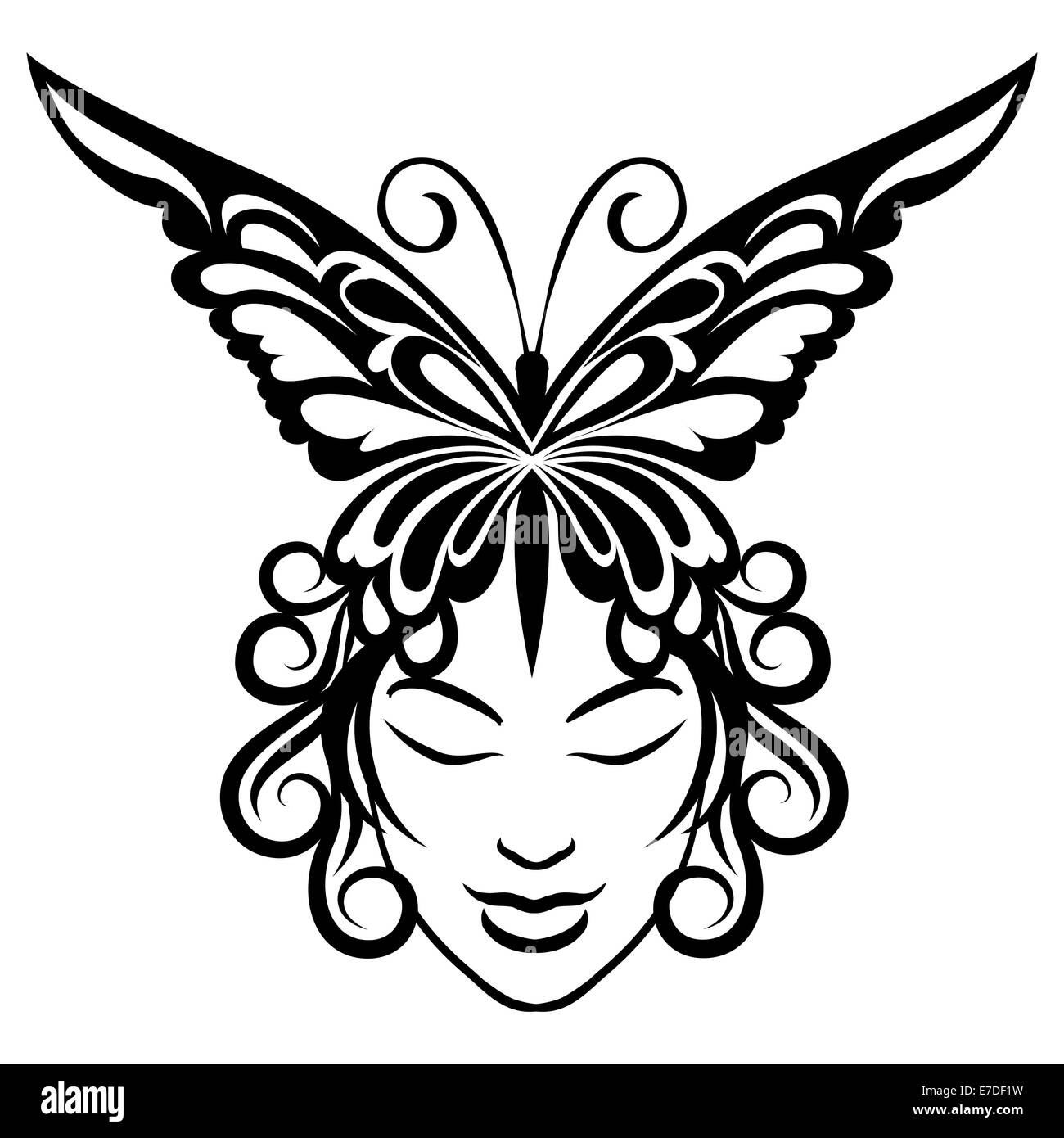 Femme avec papillon hairdress Banque D'Images