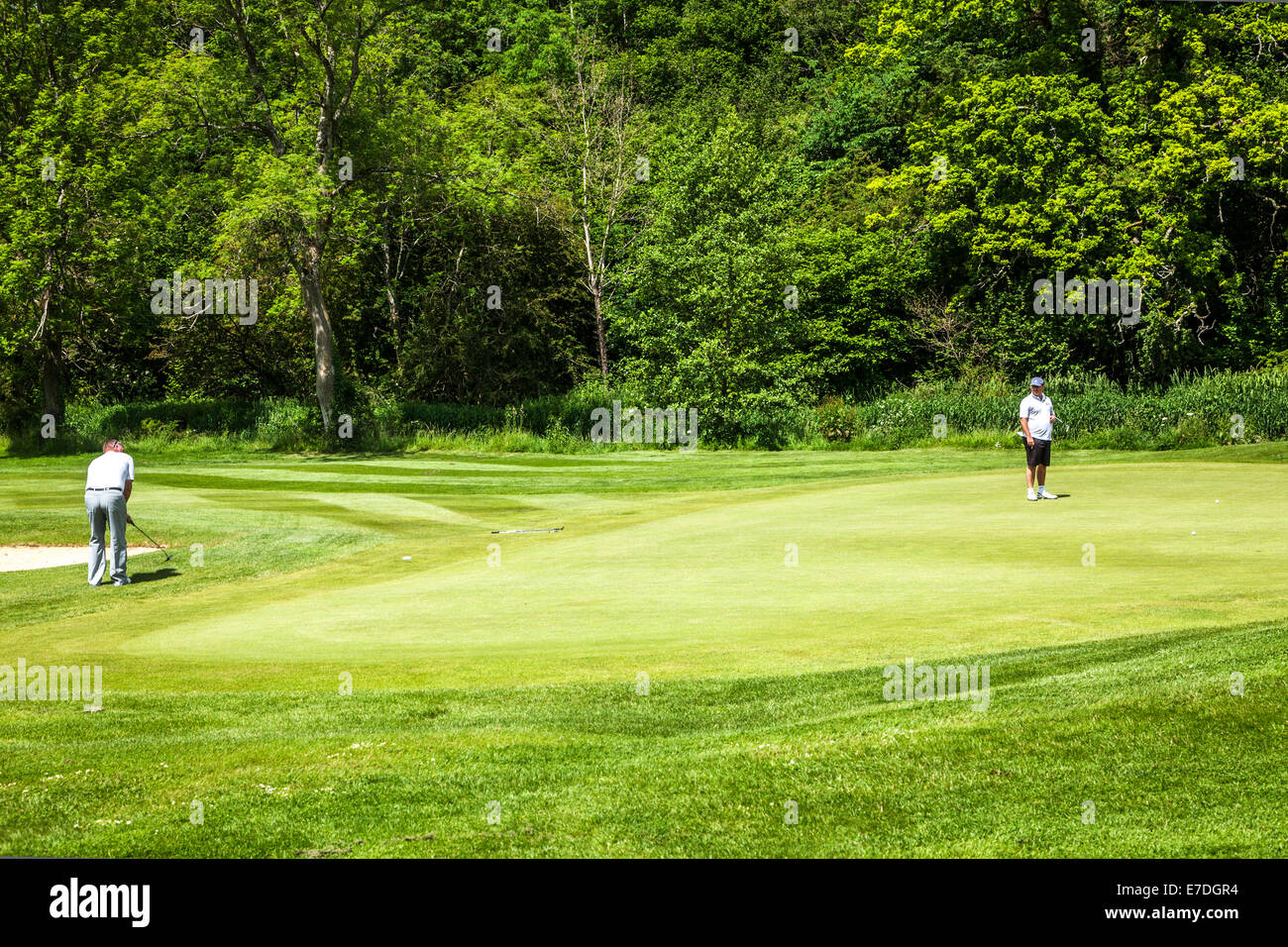 Deux golfeurs jouant sur un green près d'un trou sur un terrain de golf anglais  typique Photo Stock - Alamy