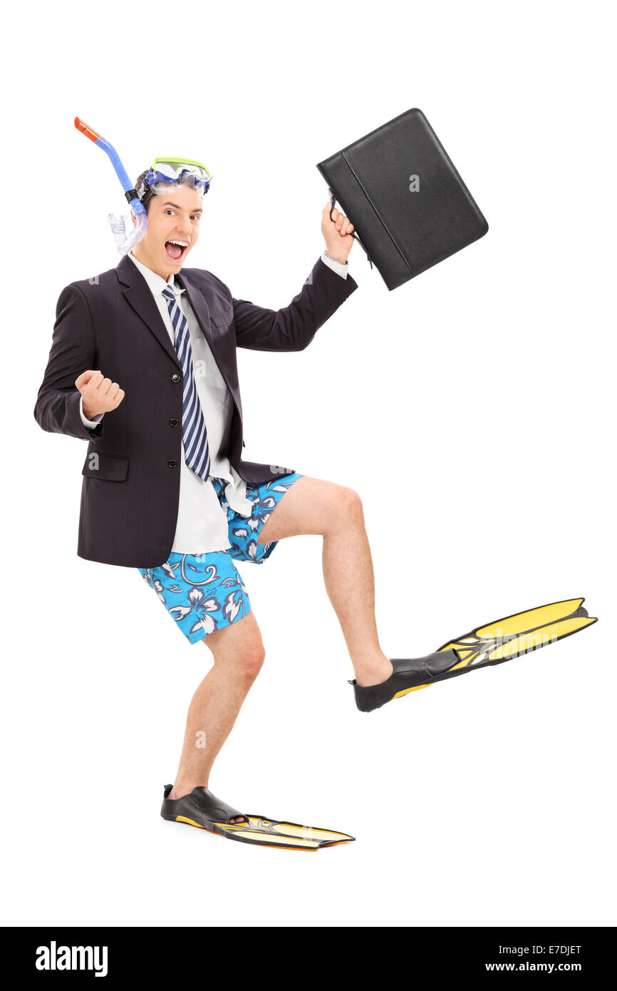 Portrait d'un homme d'affaires avec des équipements de plongée holding un sac isolé sur fond blanc Banque D'Images