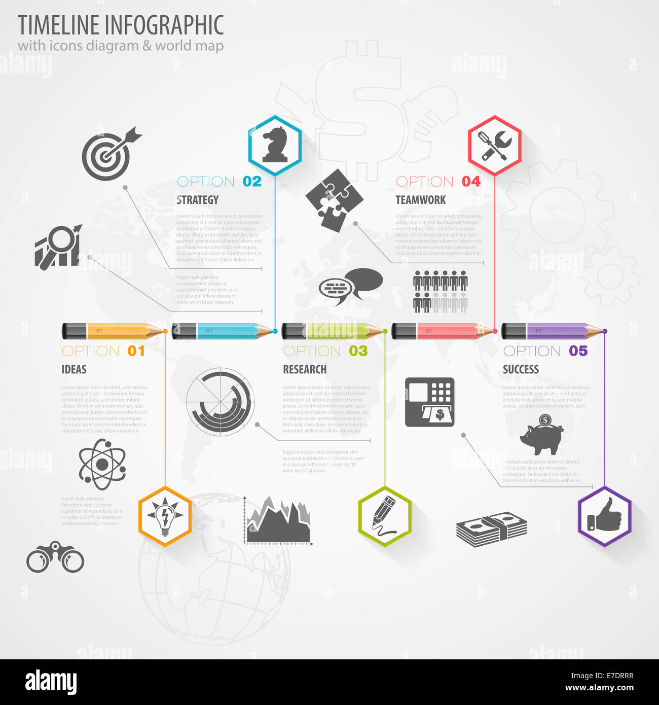 Chronologie d'infographie avec des crayons, des icônes et le nombre d'options. Template Banque D'Images