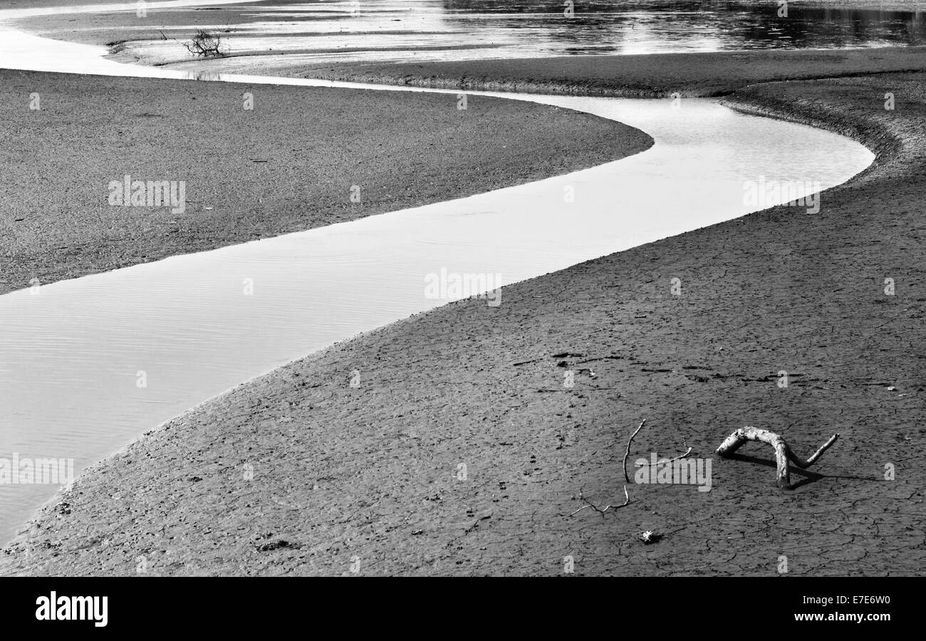 Une rivière marémotrice vue à marée basse, en noir et blanc (Royaume-Uni) Banque D'Images