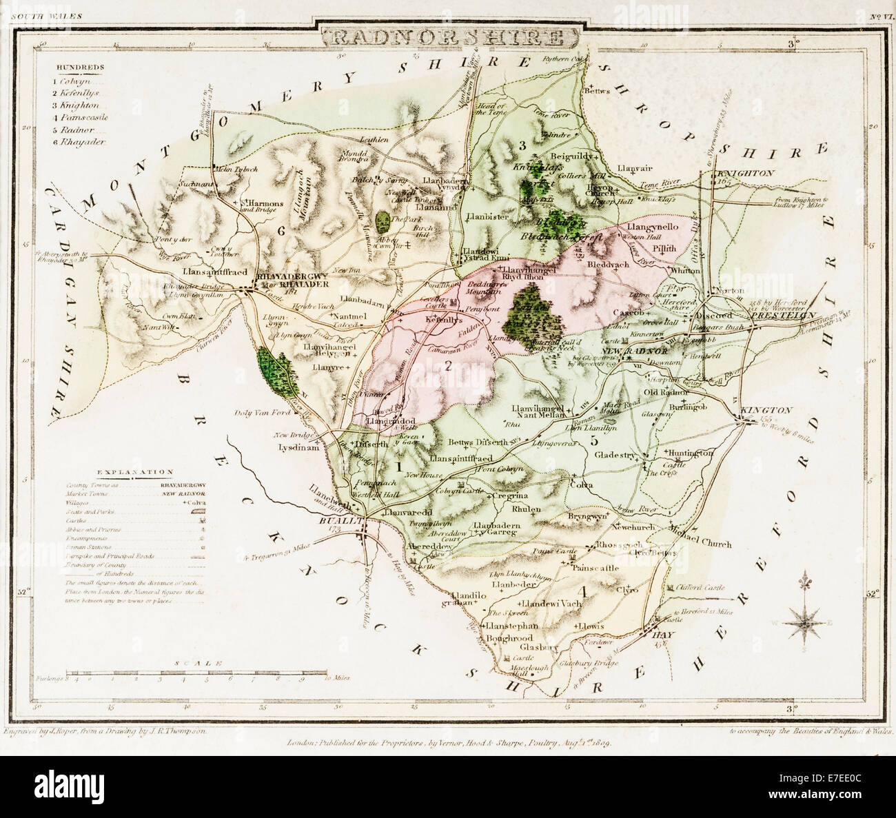 Une ancienne carte du comté de Radnorshire, qui fait maintenant partie de Powys, pays de Galles, Royaume-Uni. En date du 1809 Banque D'Images
