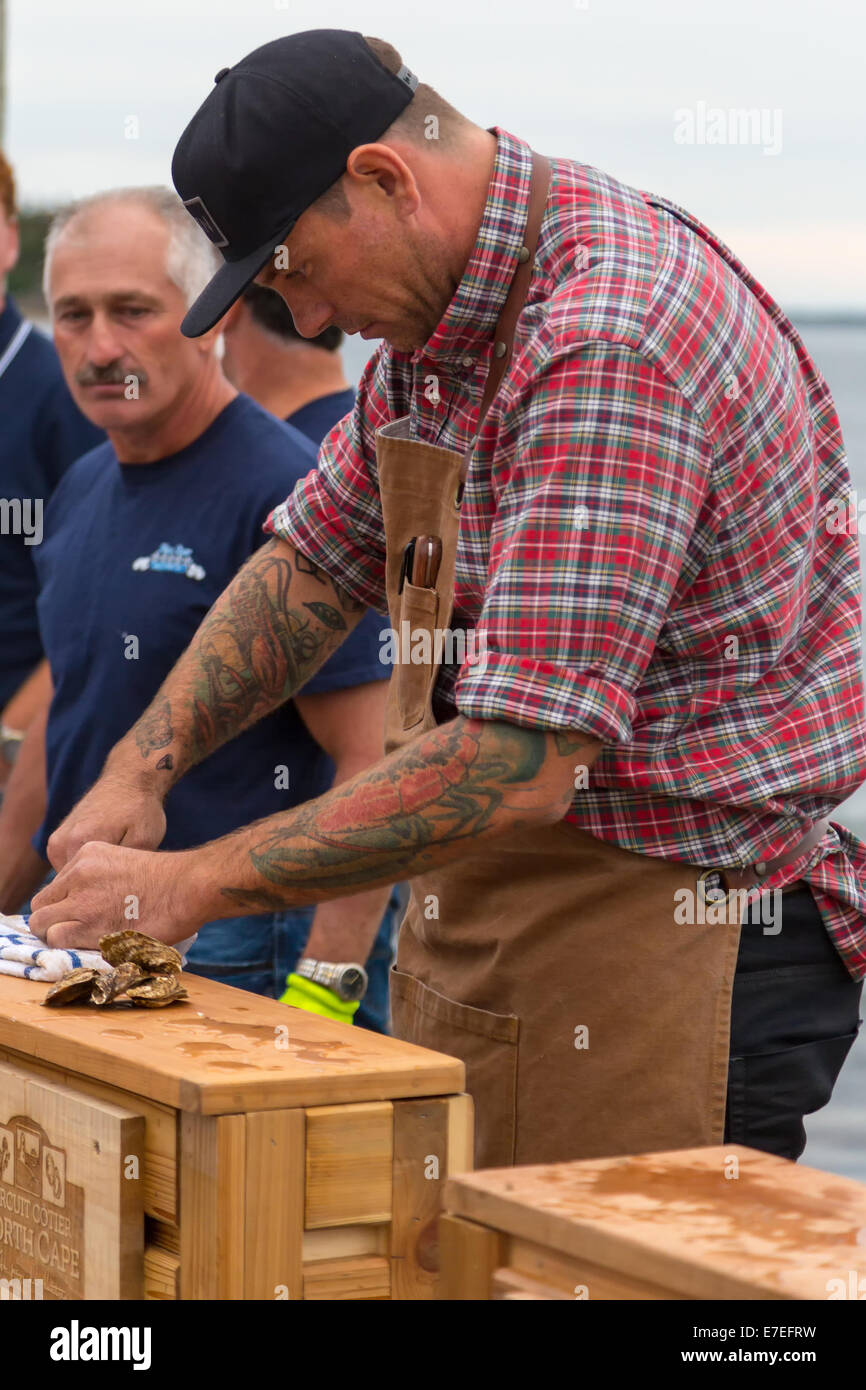 Alberton, Ile du Prince-Édouard, Canada. 13 Sep, 2014. Le célèbre chef Chuck Hughes à l'automne Festival des Saveurs le 13 septembre, 2014 sur la Northport Pier à Alberton, Ile du Prince-Édouard, Canada. Les huîtres dans la jetée a fait partie de l'événement festival et hébergé par Hughes pour présenter les huîtres et l'île de produits alimentaires régionaux. Credit : Verena Matthieu/Alamy Live News Banque D'Images