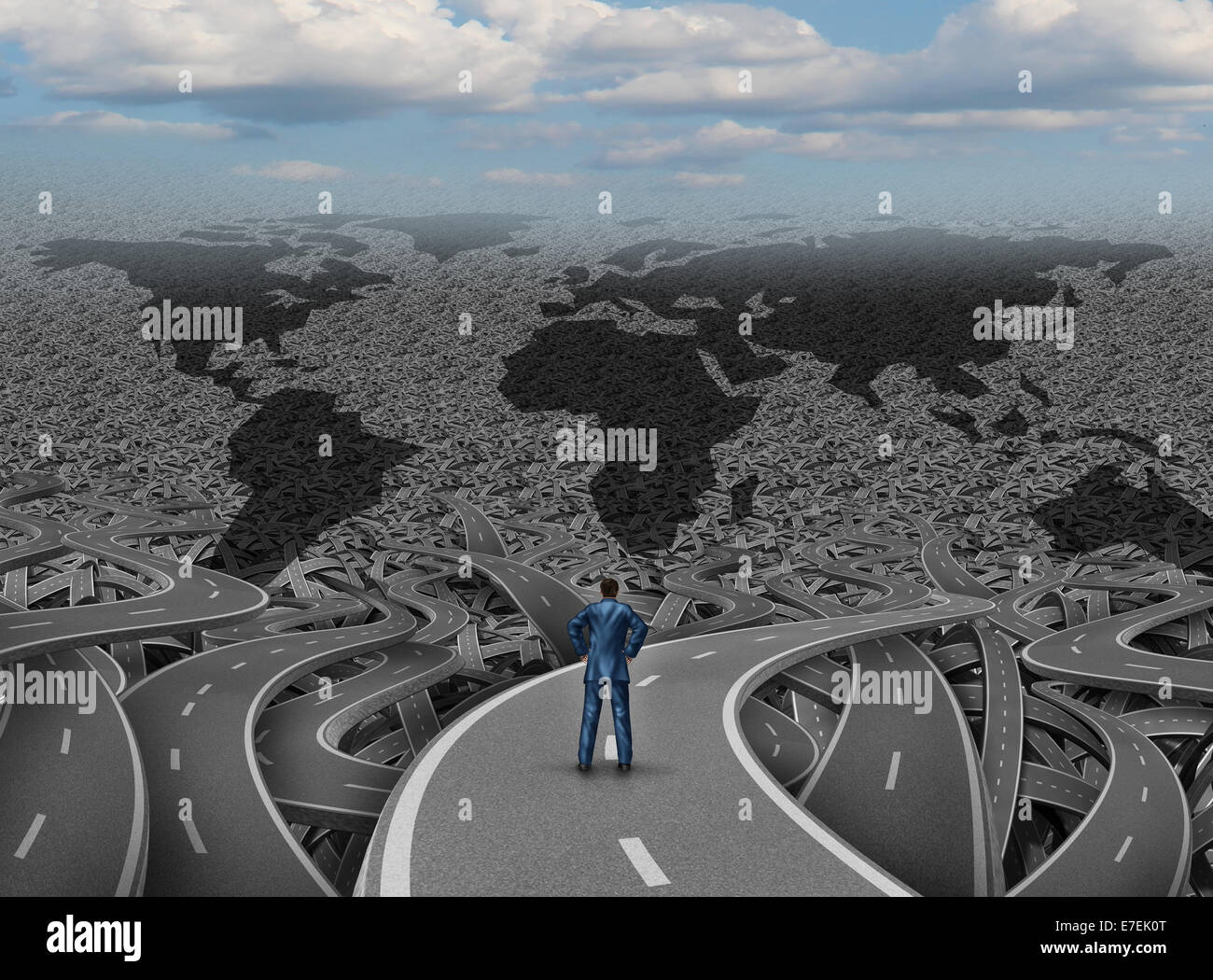 La direction globale et mondiale businessman road concept comme un groupe de routes enchevêtrées avec un homme debout sur un chemin de la réussite en tant que commerce et économie métaphore de stratégie internationale et de la planification. Banque D'Images