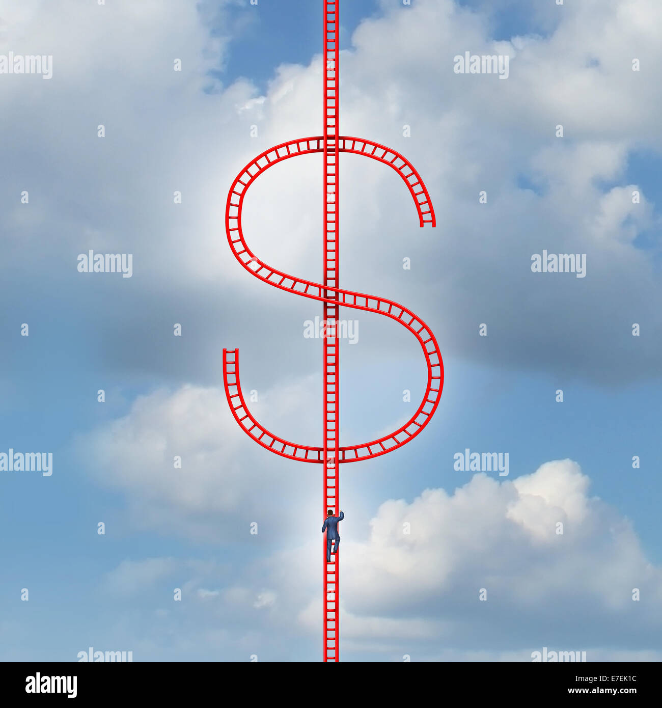 Le succès de l'échelle de l'argent comme un preneur de risques businessman climbing un groupe de rouge en forme d'échelles comme un symbole du dollar comme une métaphore pour un gain financier ou de la stratégie de gestion des finances. Banque D'Images