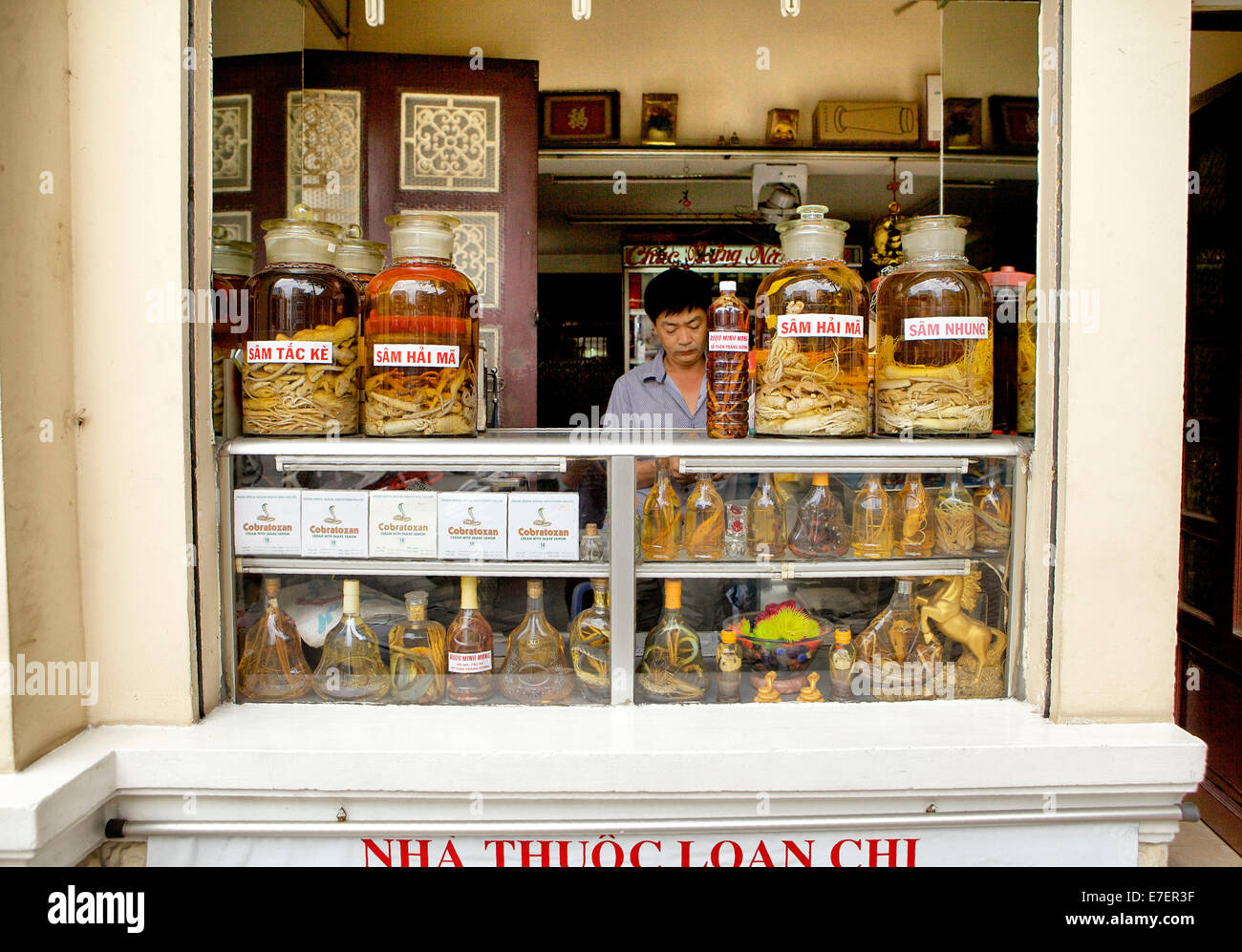 Un homme vietnamien scorpion et de vente d'alcool de cobra dans un magasin dédié à Ho Chi Minh Ville, Saigon, Delta du Mekong, Vietnam. Banque D'Images