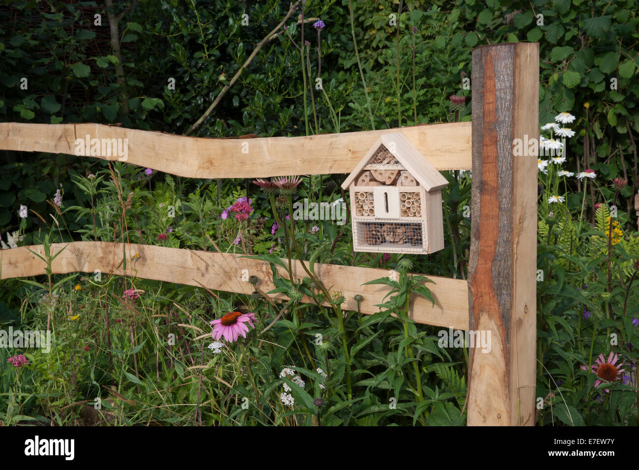 Le jardin - Jardin Visible - Vue du jardin clôture en bois avec bugs insectes hotel - Designer - Stephen Hall Desig Banque D'Images