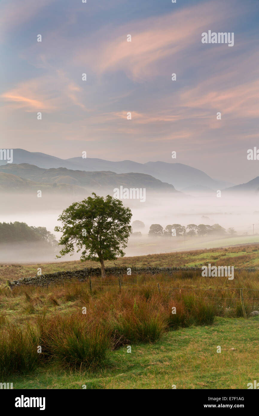 L'aube au cercle de pierres de Castlerigg et St John's, dans la vallée, Keswick, Cumbria, Angleterre Banque D'Images