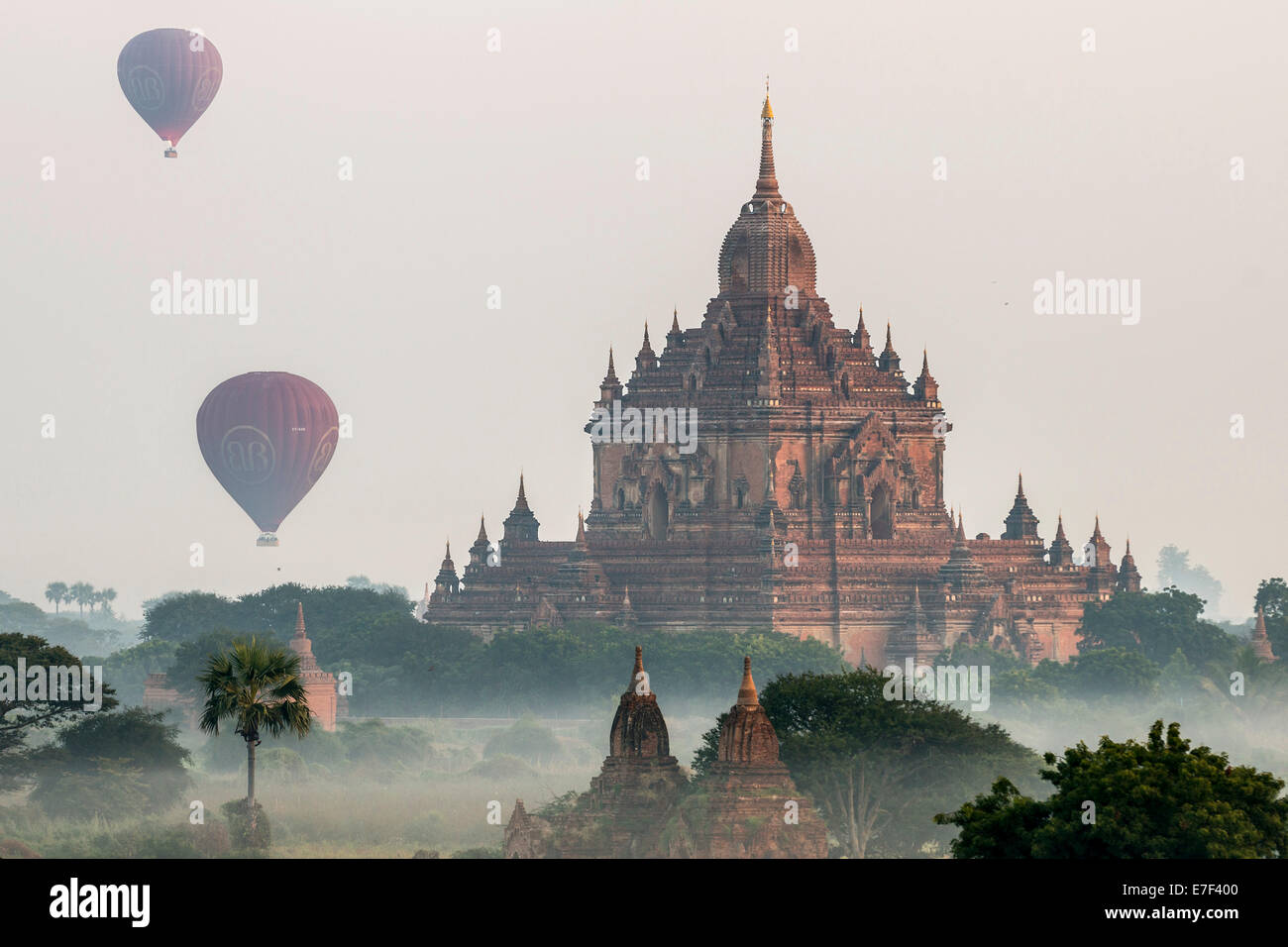 Les ballons à air sur le paysage dans le brouillard matinal, temples, stupas, pagodes, temples, Plateau de Bagan Banque D'Images