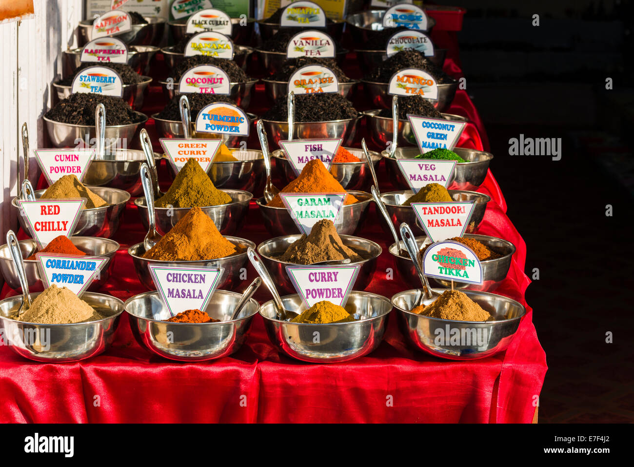 Currys et épices indiennes pour la vente à l'hebdomadaire, marché aux puces, Inde Banque D'Images