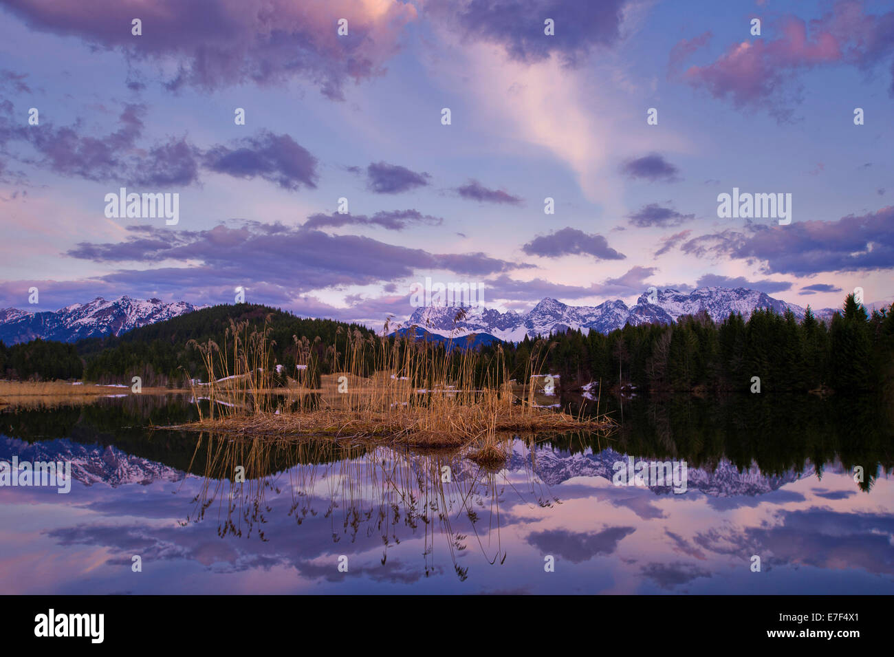 Geroldsee Lake avec un roseau Island et la plage de Karwendel au crépuscule, Garmisch, Haute-Bavière, Bavière, Allemagne Banque D'Images