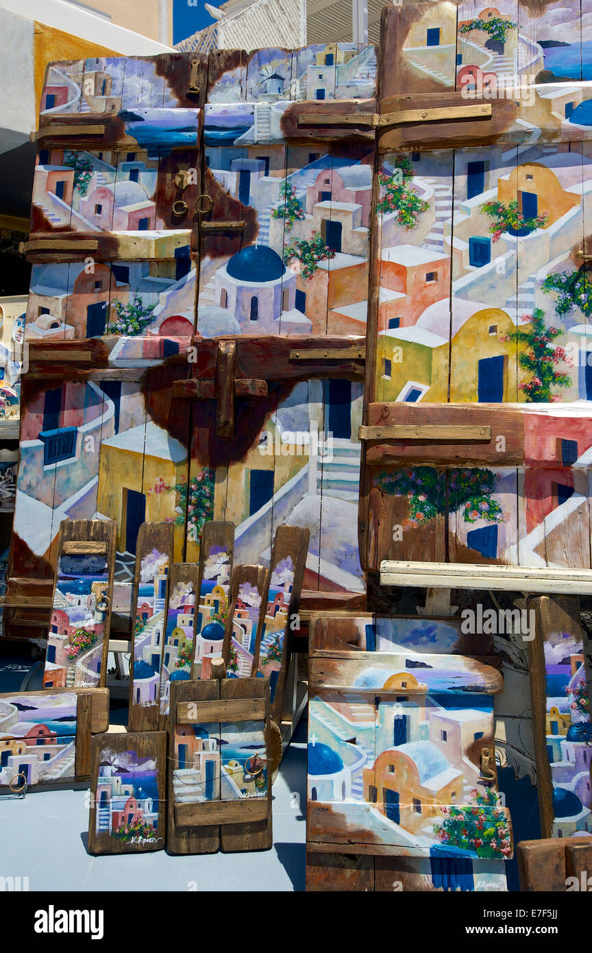 Bois peint, boutique souvenirs, Santorini, Cyclades, Grèce Banque D'Images