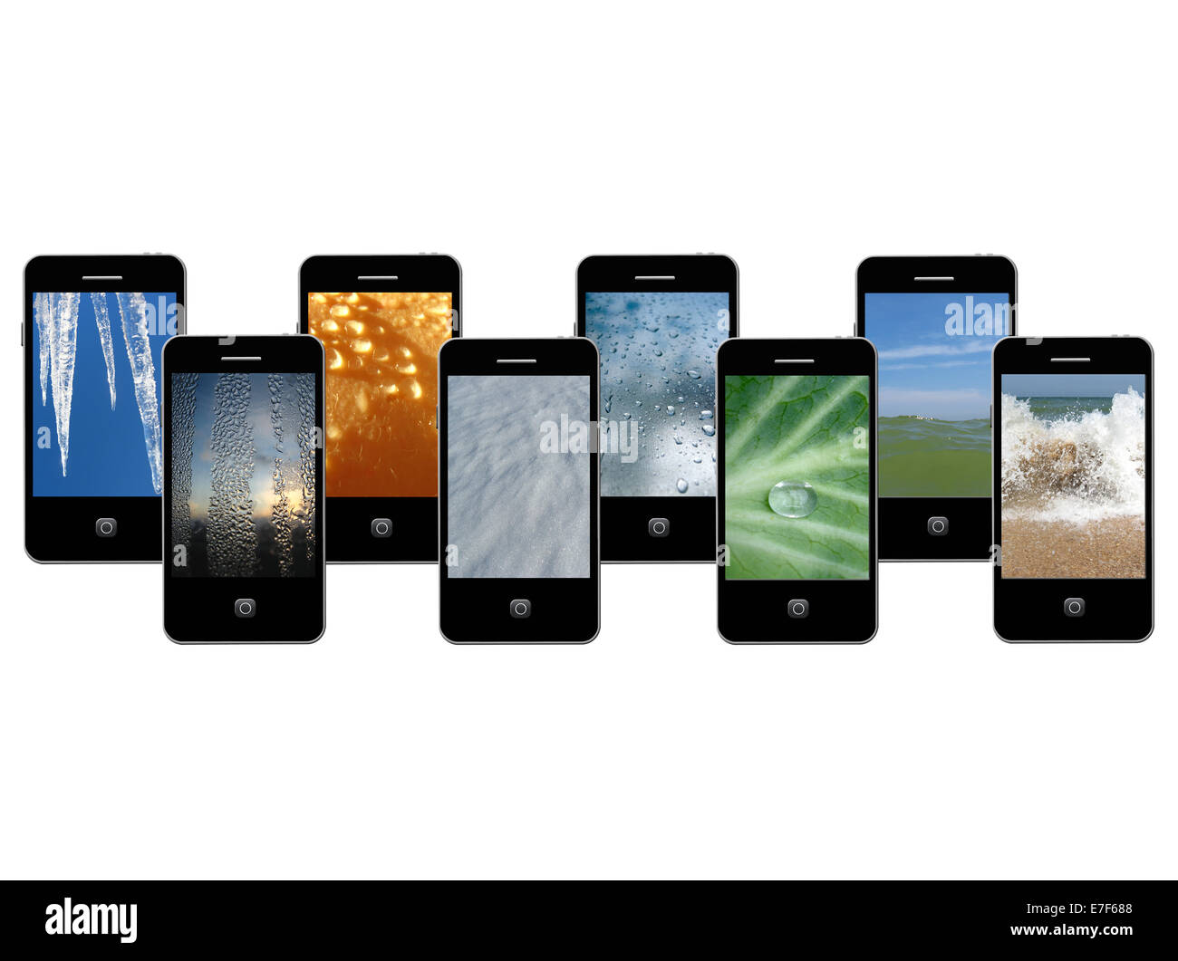 Les téléphones mobiles modernes avec différentes phases de l'eau Banque D'Images