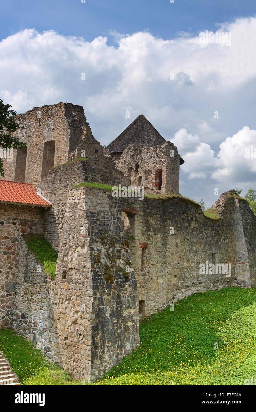 Ruines du château médiéval sur l'herbe verte sous ciel nuageux ciel bleu Banque D'Images