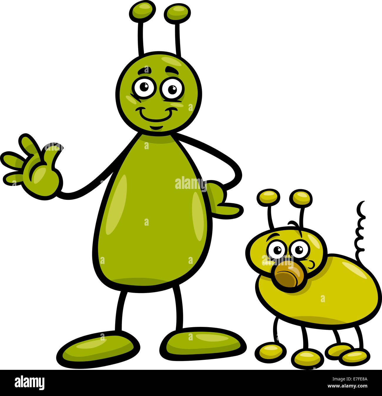Cartoon Illustration de Funny Alien ou Martian personnage comique avec chien Banque D'Images
