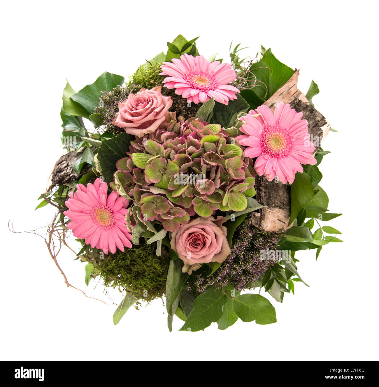 Bouquet de fleurs roses roses et daisy isolé sur fond blanc Banque D'Images