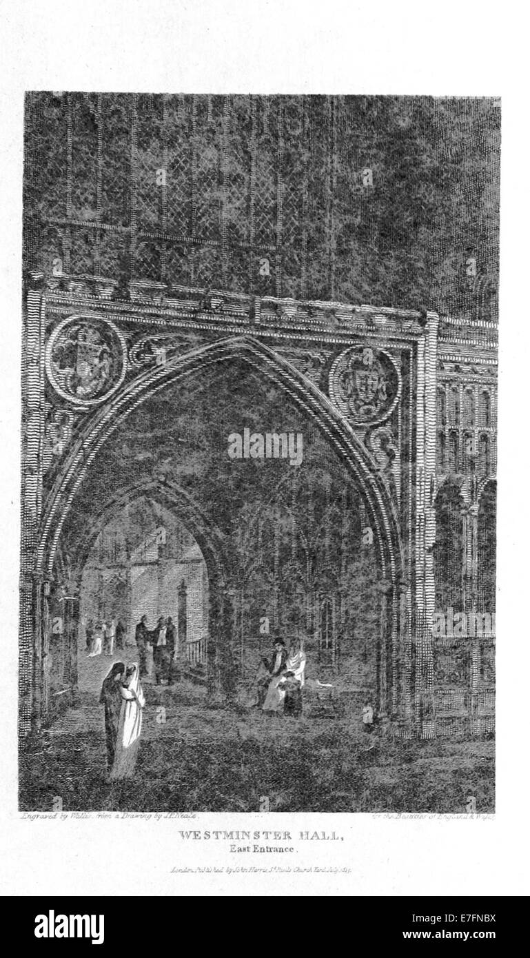 Illustration tirée de Brayley (1820) montrant l'entrée est du Westminster Hall à Londres. L’image souligne la conception architecturale de la salle et son importance historique. Banque D'Images