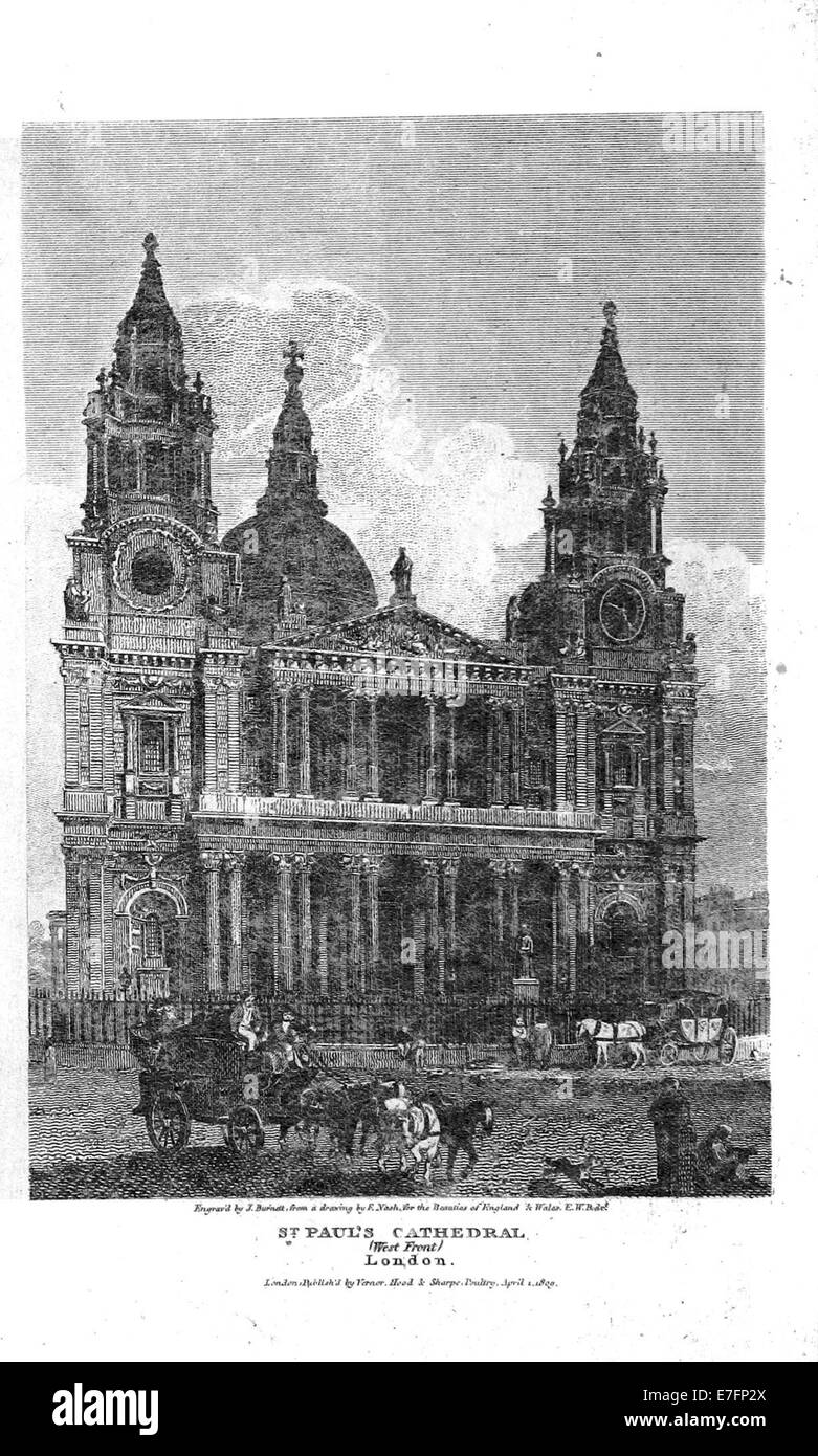 Une illustration de la page 5,008 de l'œuvre de Brayley (1820), montrant la façade ouest de la cathédrale Saint Paul à Londres, soulignant la grandeur architecturale de l'édifice. Banque D'Images