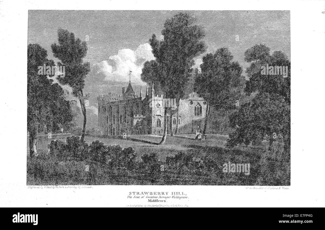 Une illustration de 1820 tirée de l’œuvre de Brayley, représentant Strawberry Hill dans le Middlesex. L'image montre le style architectural distinctif et le paysage environnant. Banque D'Images