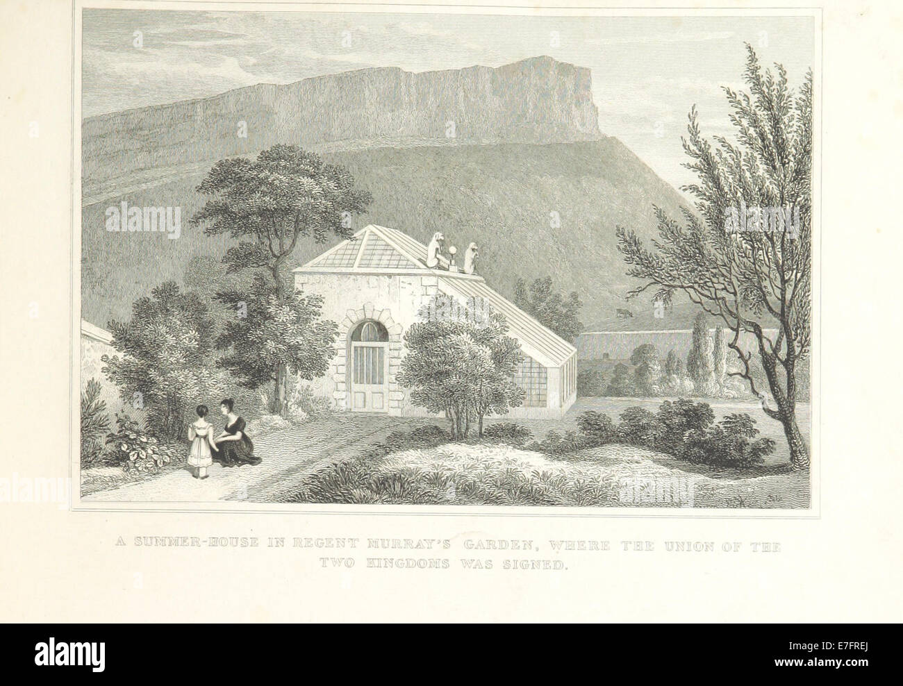 Illustration tirée de ma (1829) montrant la maison d’été du Regent Murray’s Garden, où l’Union des deux Royaumes a été signée. L’image capture l’architecture du jardin et son importance historique. Banque D'Images