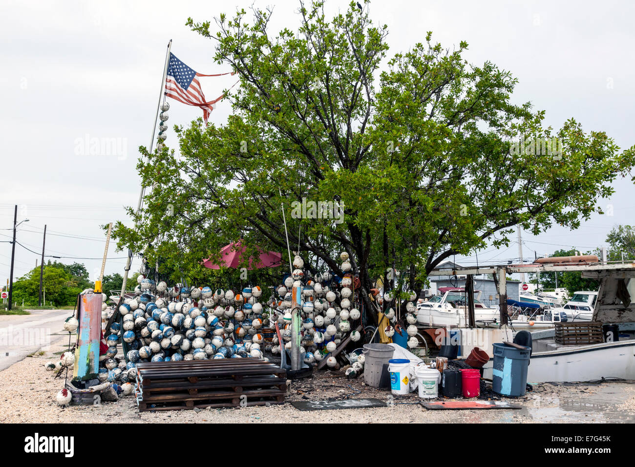 Déchiré en lambeaux et drapeau américain américain accroché sur une branche d'arbre dans un éventaire routier vendre styrofoam flotte dans Keys de Floride, USA. Banque D'Images