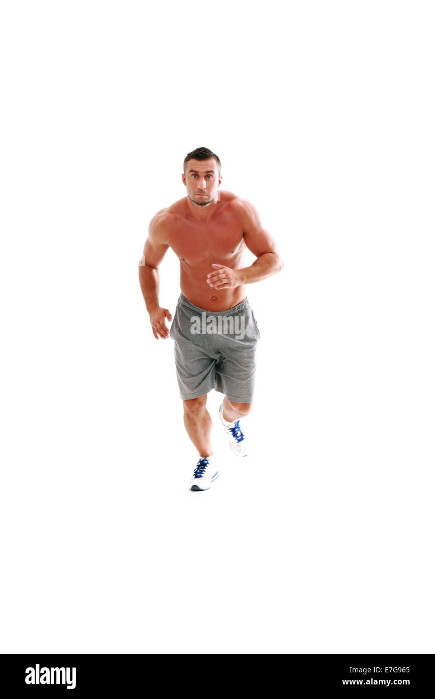 Full Length portrait of muscular man running isolé sur fond blanc Banque D'Images