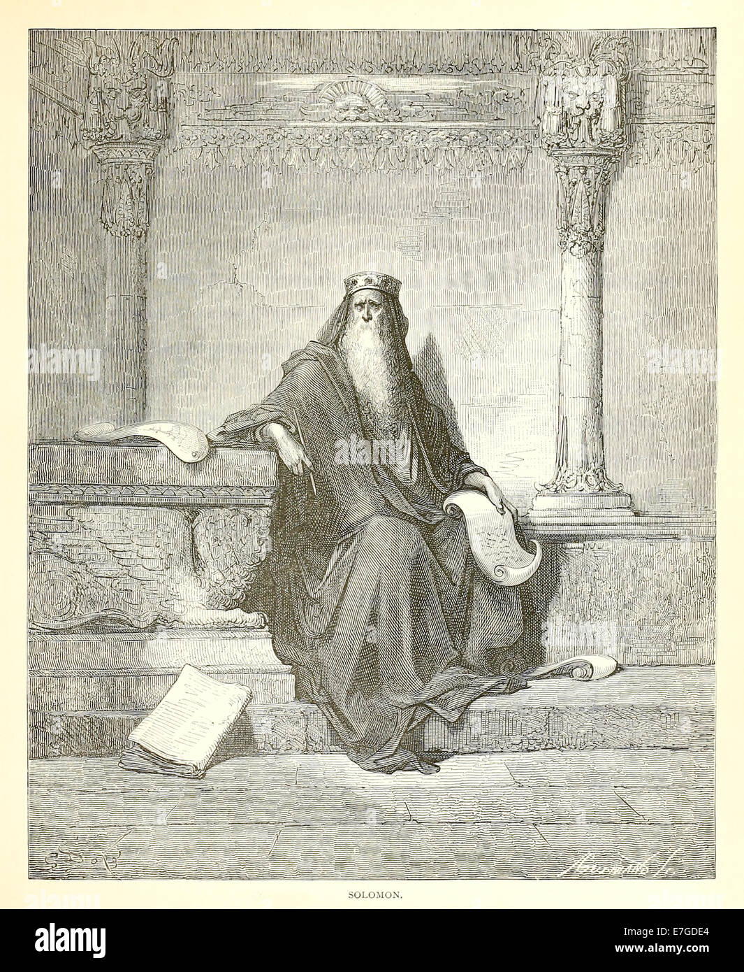 « Salomon » 1880 illustration de l’artiste français Paul Gustave Doré (1832–1883) montrant le roi Salomon assis dans des robes royales dans un cadre architectural grandiose, ses mains reposant sur des rouleaux, symbolisant la sagesse, les Écritures et le jugement. Photographie tirée d'une édition originale de 1880 de la Bible illustrée par Paul Gustave Doré. Crédit : Collection privée / AF Fotografie Banque D'Images