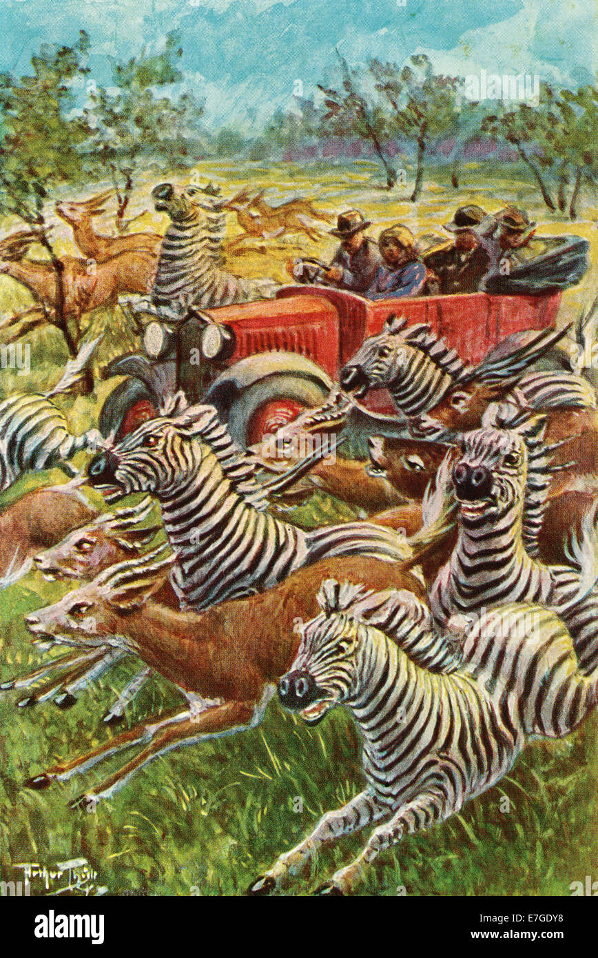 Un safari africain dans les années 20 après l'illustration par Carl Robert Arthur Thiele. Banque D'Images