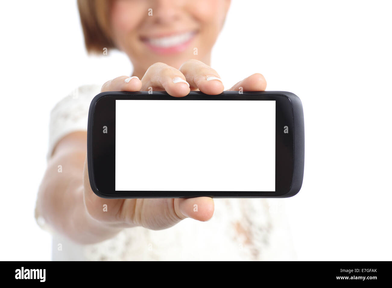 Libre d'une fille main montrant un trait horizontal de l'écran du smartphone blanc isolé sur fond blanc Banque D'Images