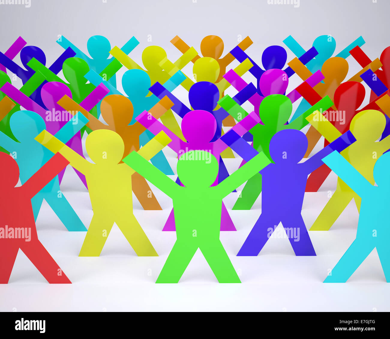 Beaucoup de gens de couleur silhouette dessin animé avec les mains en haut, 3d illustration Banque D'Images