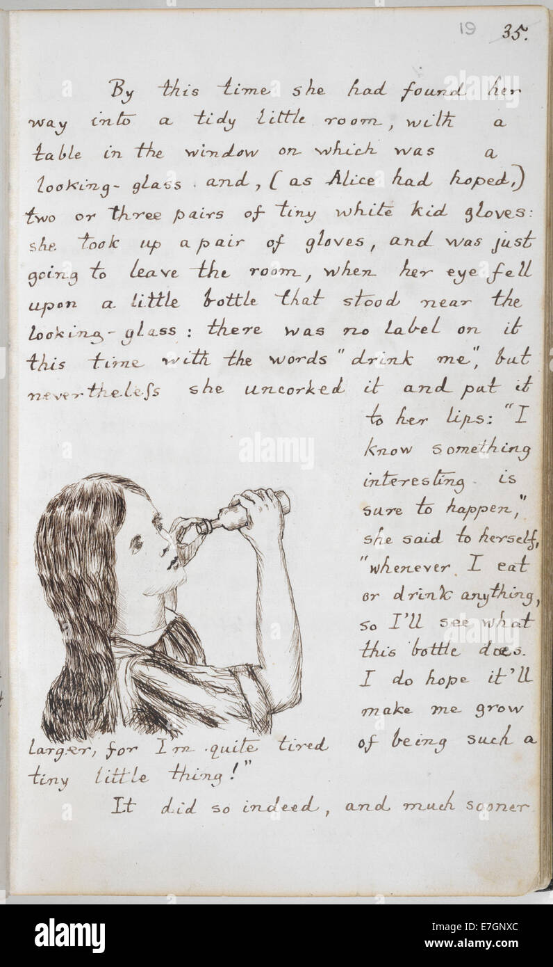 Illustration tirée de 'Alice's Adventures Under Ground' (1862-1864), montrant Alice buvant pour grandir, du manuscrit f.19. Banque D'Images