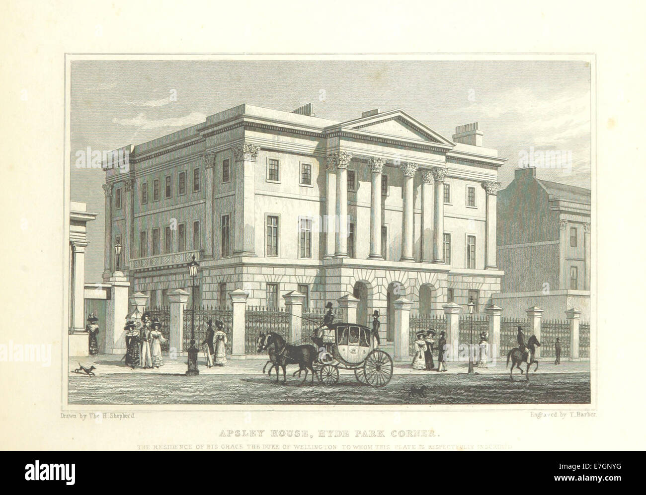 Illustration tirée de l'œuvre de Shepherd en 1828, montrant Apsley House à Hyde Park Corner, dans le cadre des améliorations urbaines du début du XIXe siècle à Londres. Banque D'Images