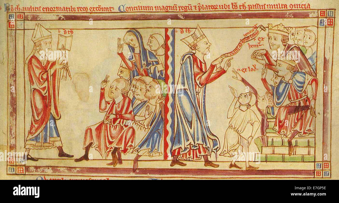 Becket excommunie le coupable, et rencontre les rois - Feuilles Becket (c.1220-1240), f. 2r - BL MS 88 Prêt Banque D'Images