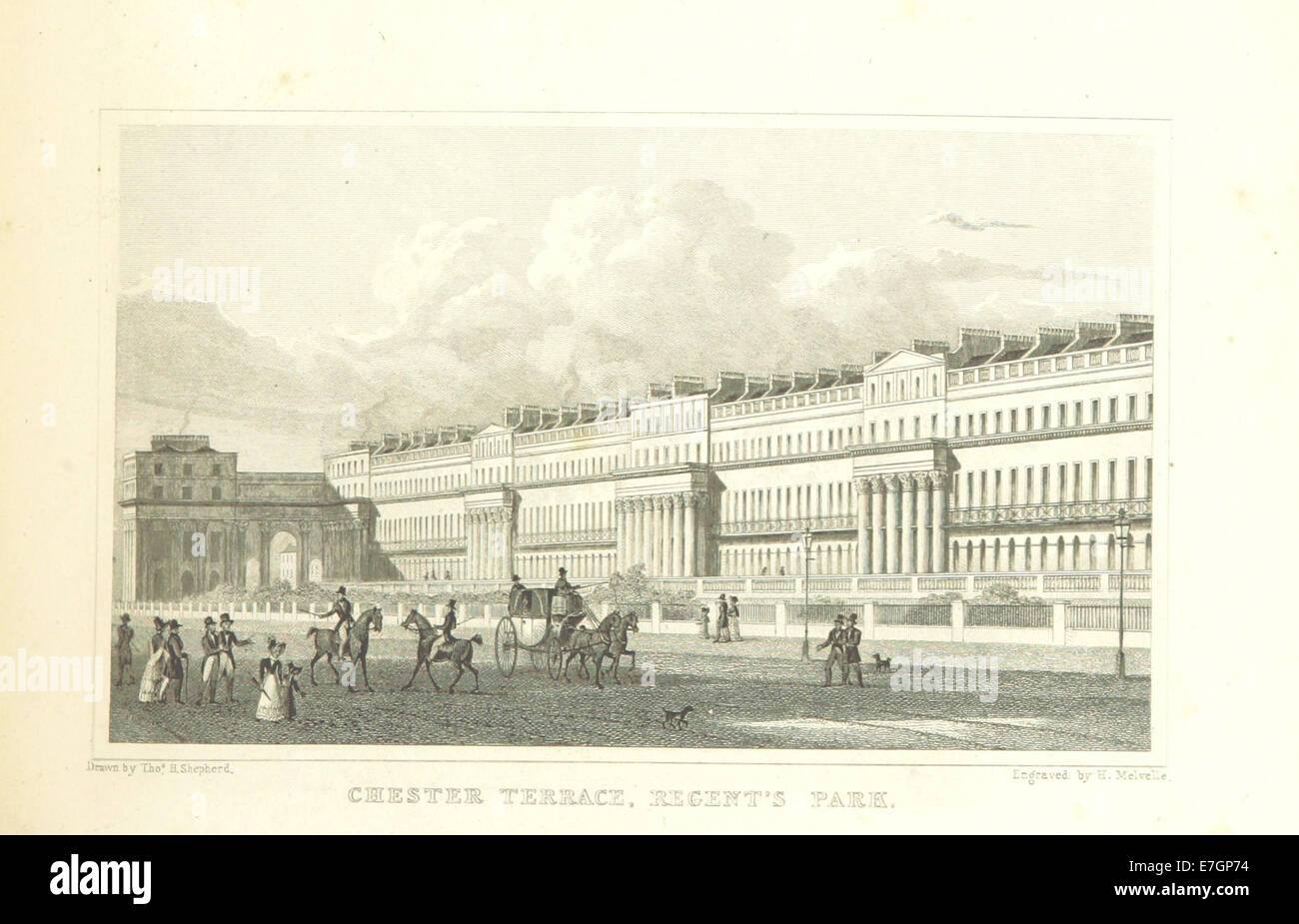 L'illustration de 1828 de Shepherd's Metropolitan Improvements montre Chester Terrace dans Regent's Park, montrant le développement et la conception des paysages urbains du début du XIXe siècle à Londres. Banque D'Images