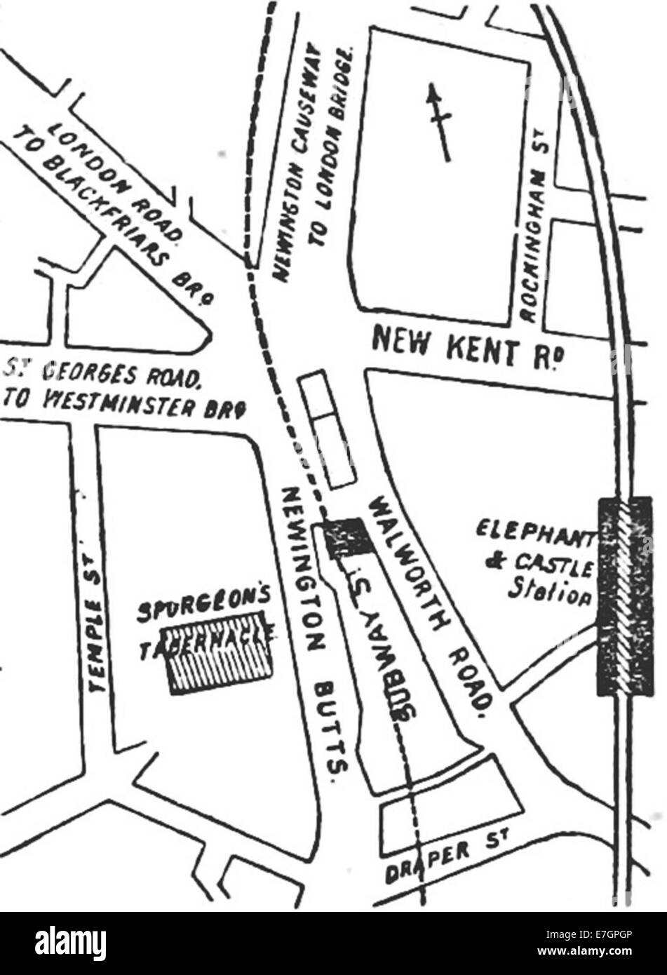 Illustration tirée de 'District' (1888) montrant une carte détaillée de Elephant and Castle, un quartier clé du centre de Londres, avec les routes et les bâtiments environnants. Banque D'Images