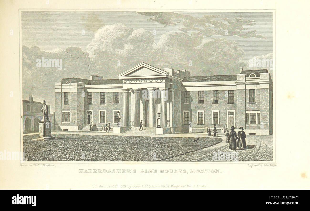 Illustration tirée de 'Metropolitan Improvements' (1828) de Shepherd, montrant les maisons d'Alms de la mercerie à Hoxton, en se concentrant sur la conception architecturale et l'environnement environnant. Banque D'Images