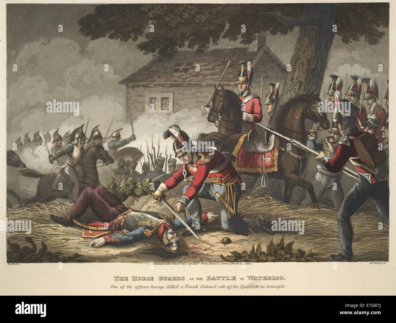 Une représentation des gardes à cheval à la bataille de Waterloo, présentée dans Historic, Military, and Naval Anecdotes d'Orme (1819). L'illustration montre la cavalerie et la présence militaire lors de la bataille emblématique de 1815. Banque D'Images