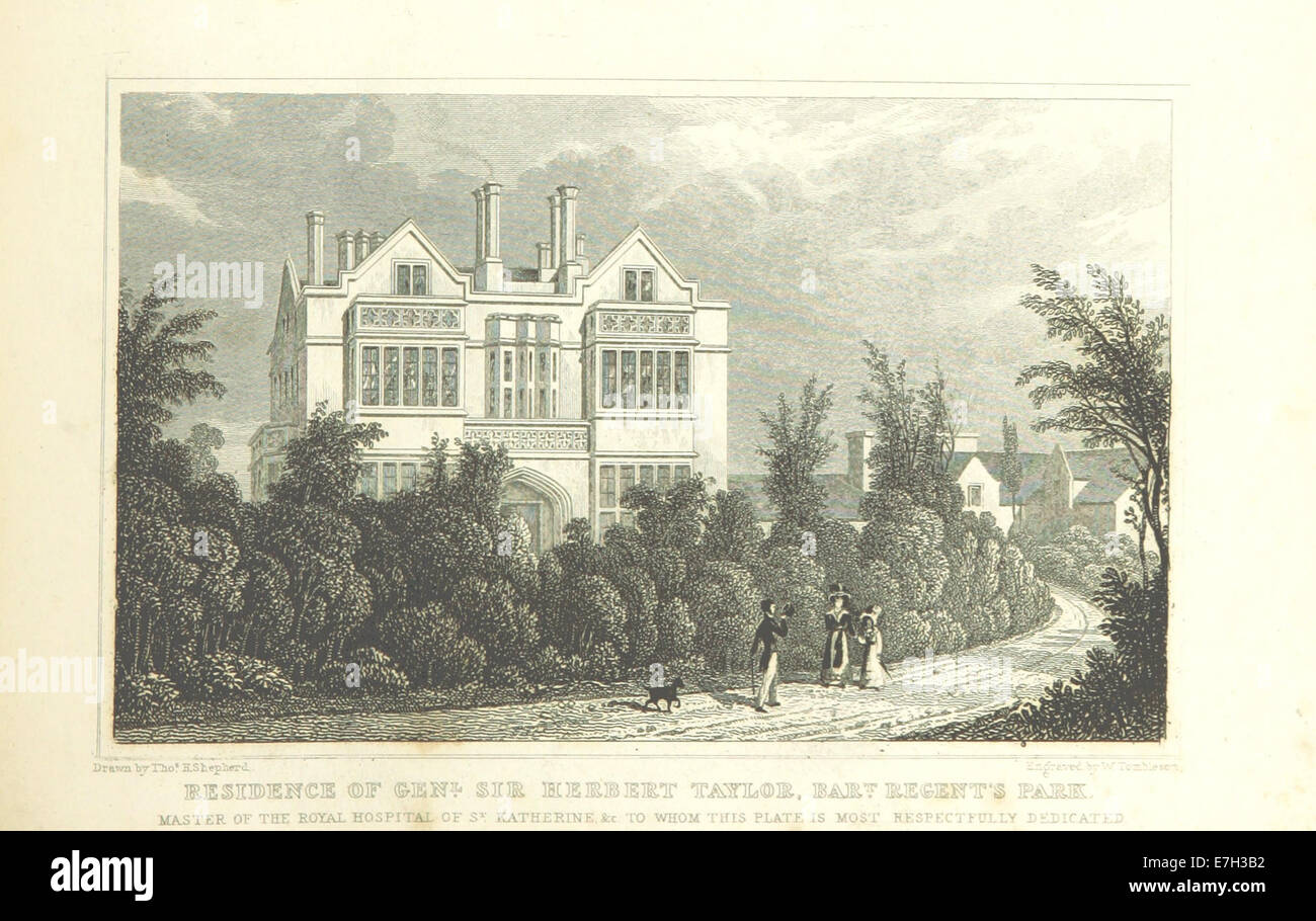 Illustration tirée des « améliorations métropolitaines » de Shepherd, montrant la résidence du général Sir Herbert Taylor à Regent’s Park, mettant en évidence les caractéristiques architecturales et le paysage urbain. Banque D'Images