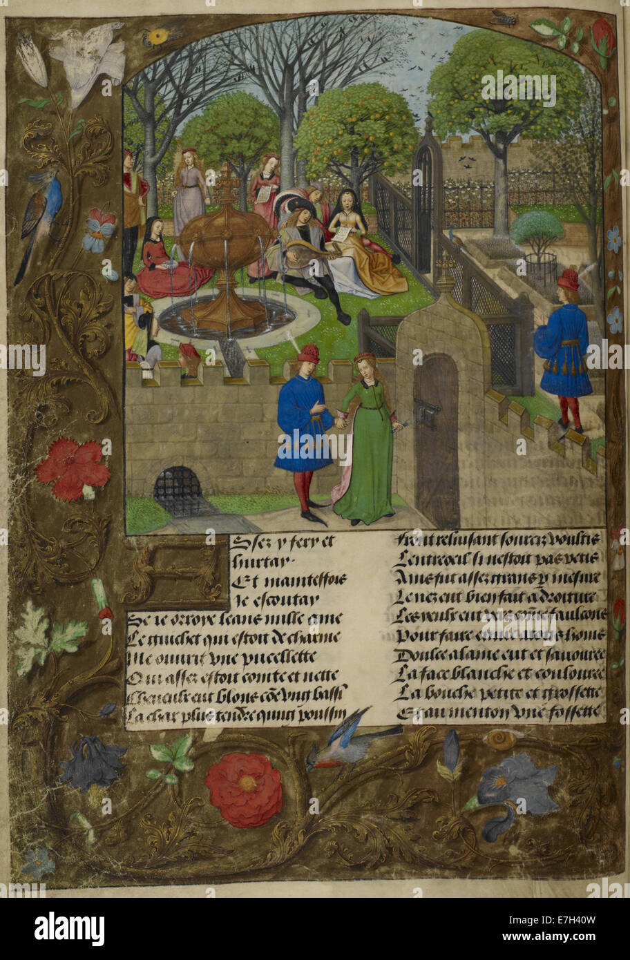 Illustration tirée du Roman de la Rose (c.1490-1500) montrant l'amant et Dame Oyseuse à l'extérieur d'un jardin clos, mettant en évidence des thèmes médiévaux d'amour courtois et des décors de jardin dans l'enluminure manuscrite française. Banque D'Images