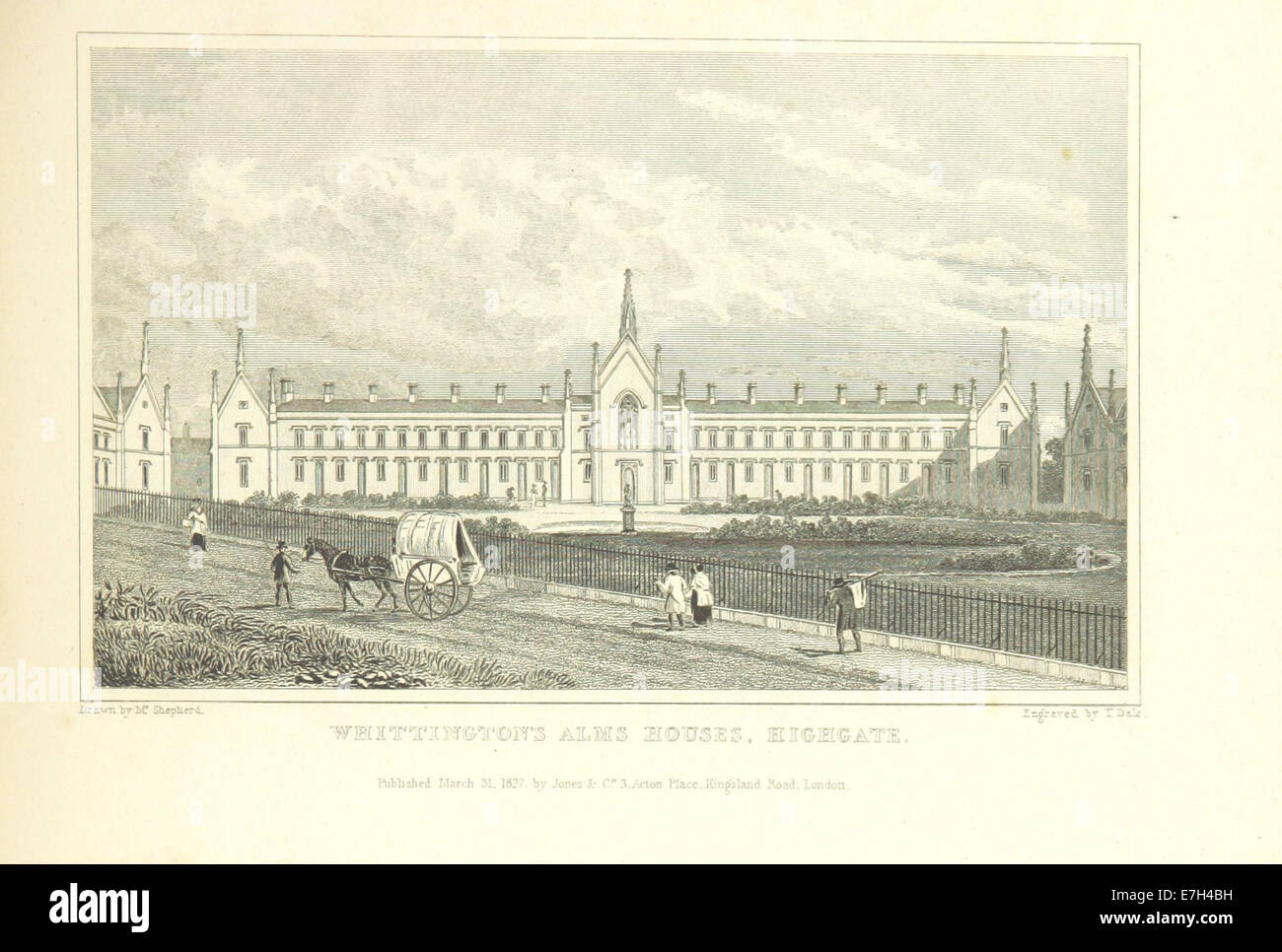 Illustration tirée de Metropolitan Improvements (1828) montrant les maisons Alms de Whittington à Highgate, soulignant le rôle du bâtiment dans le paysage social et architectural de Londres. Banque D'Images