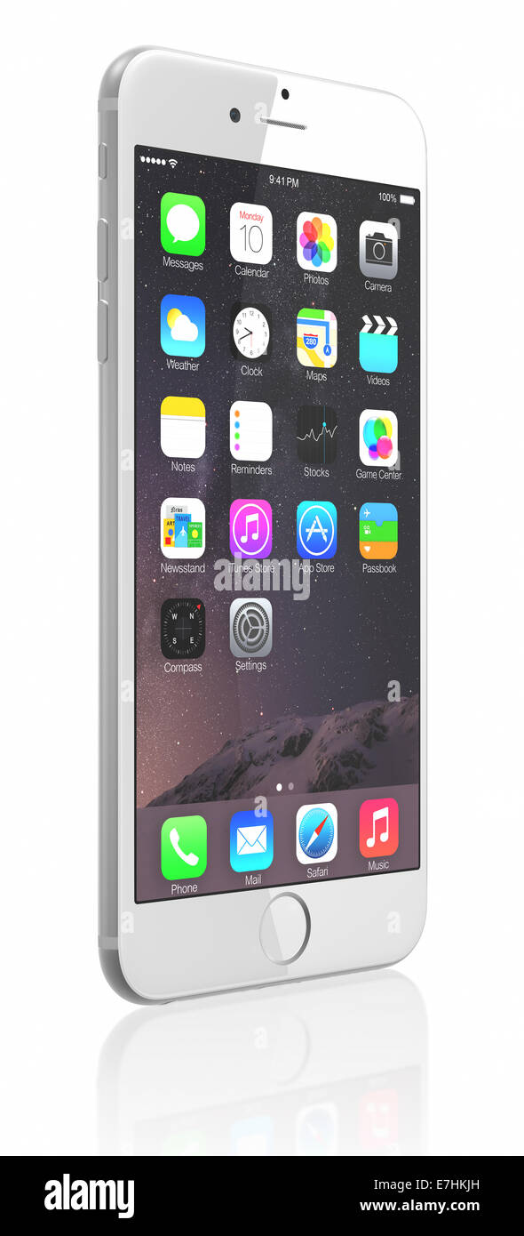 Silver Apple iPhone 6 Plus montrant l'écran d'accueil avec iOS 8. Banque D'Images