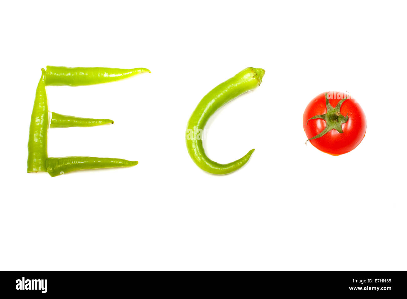 Sélection de légumes l'orthographe des mots isolés, ECO over white background Banque D'Images