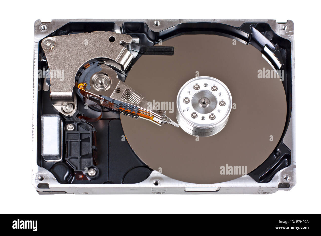 Ouvrez l'unité de disque dur d'en haut, isolé sur fond blanc Banque D'Images