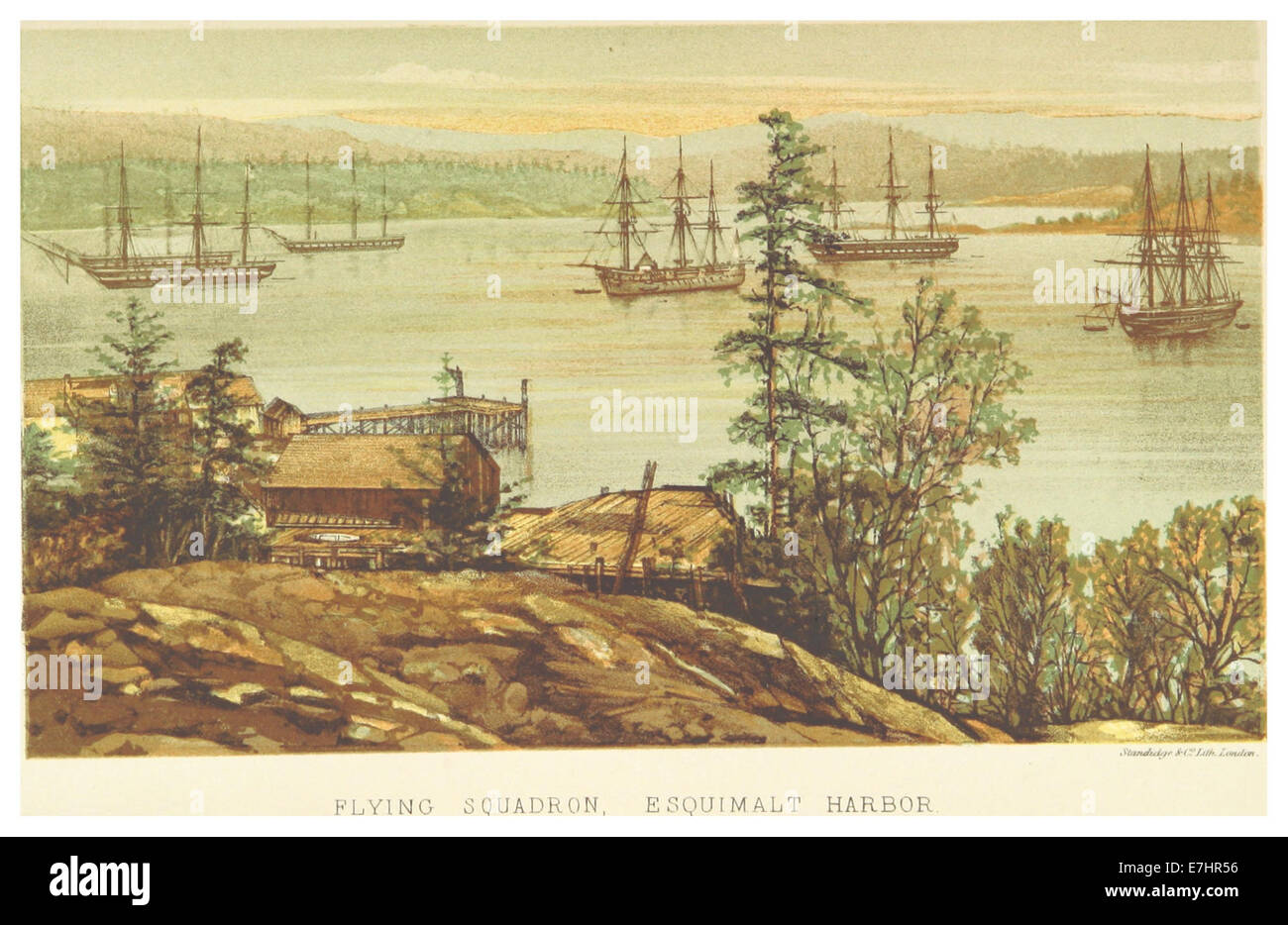 Une carte ou une illustration de 1871 montrant l'escadron volant à Esquimalt Harbor, en Colombie-Britannique, montrant l'activité navale dans la région. Banque D'Images