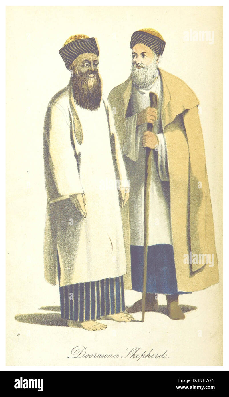 Cette illustration de livre de 1839 tirée de la publication d'Elphinstone représente des bergers Dooraunee dans un cadre pastoral, mettant en valeur la vie rurale au XIXe siècle. Banque D'Images