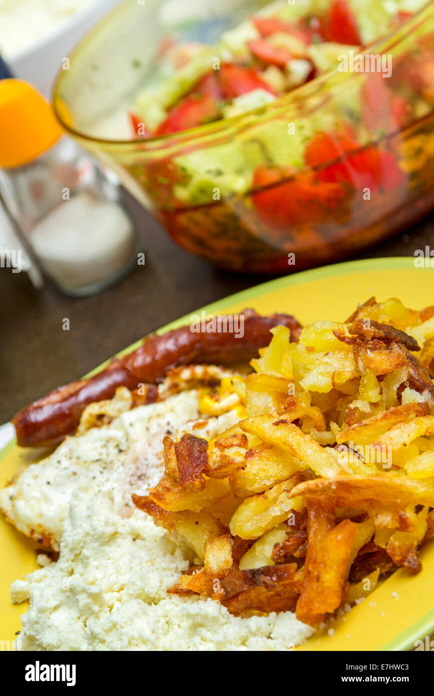 Close up de quelques frites, du fromage et des saucisses avec du sel et salade fraîche en arrière-plan Banque D'Images