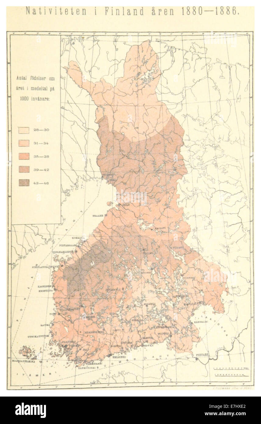 Illustration tirée de l’ouvrage d’Ignace de 1891, page 551, montrant un récit historique des naissances (Nativiteten) en Finlande de 1880 à 1886. Cela pourrait fournir un aperçu des tendances démographiques en Finlande au cours de cette période. Banque D'Images