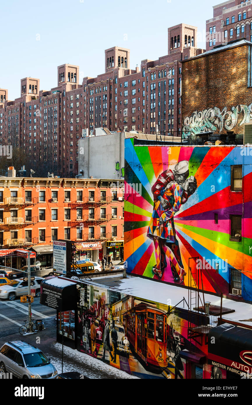 Nous, la ville de New York. Près de London Graffiti d'une terrasse. Vue depuis le parc High Line. Banque D'Images